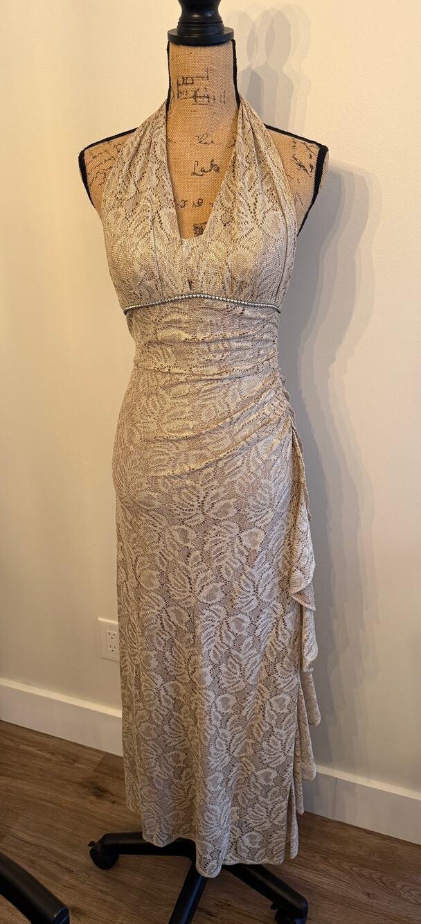 Betsy & Adam by Linda Bernell Champagne Gold Halter Top Dress Ruching Size 4P